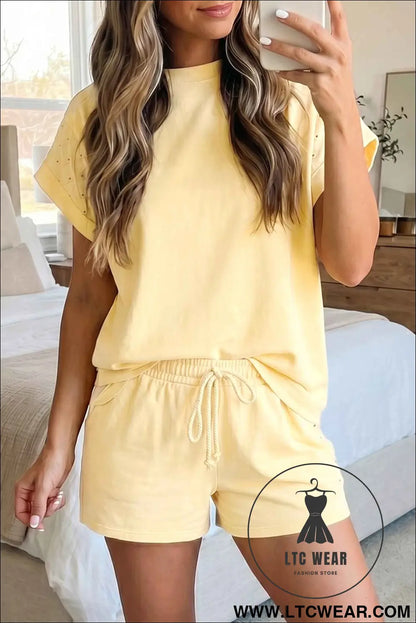 Yellow  Eyelet Lace Patchwork Sleeve Short 2pcs Outfit