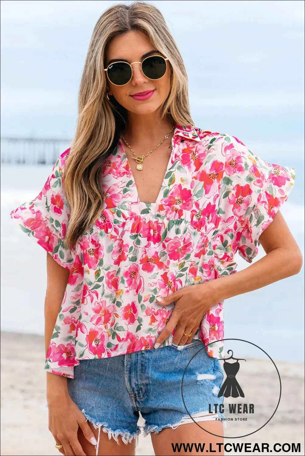 Yellow Floral Boxy Fit Ruffled Short Sleeve V Neck Blouse