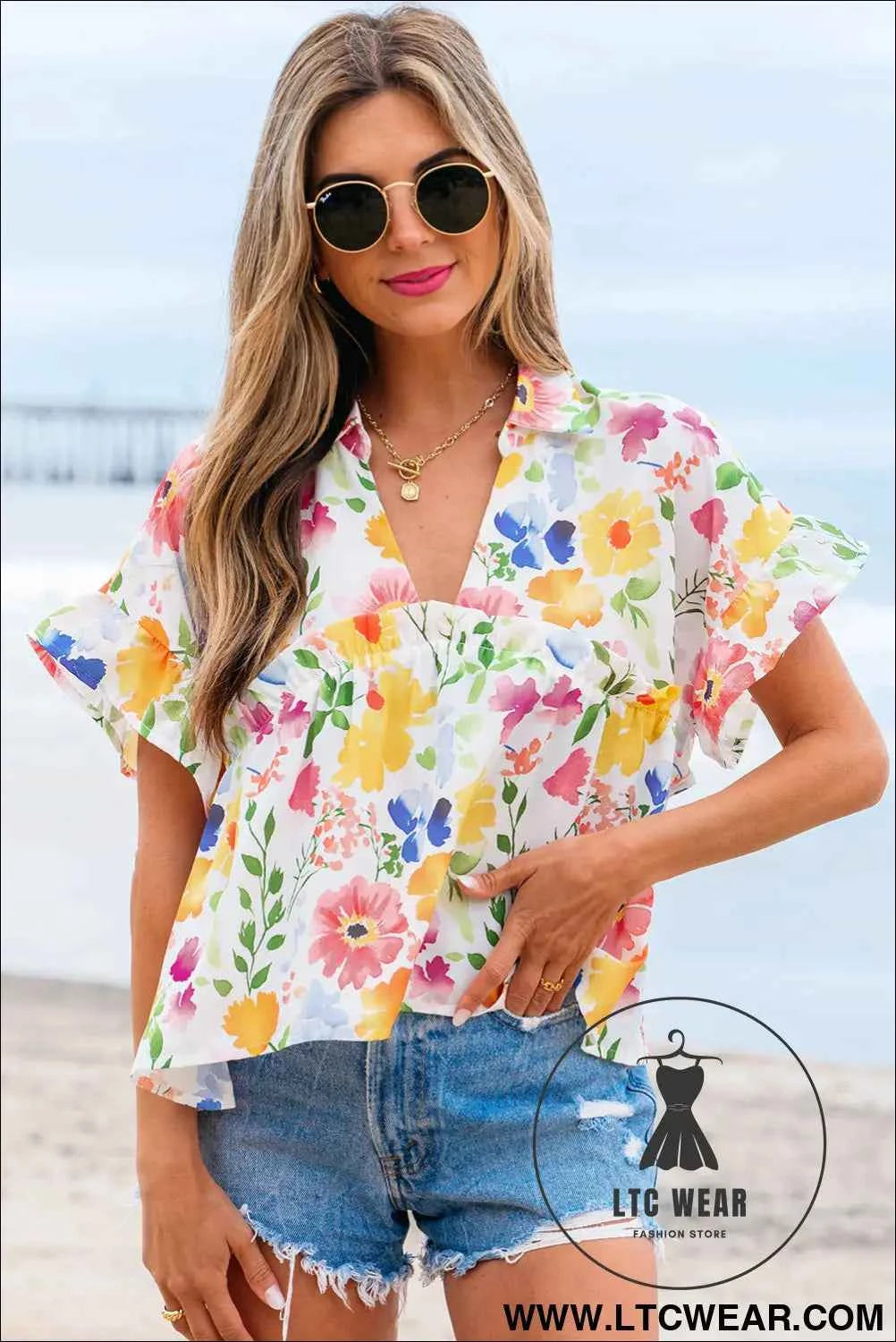 Yellow Floral Boxy Fit Ruffled Short Sleeve V Neck Blouse