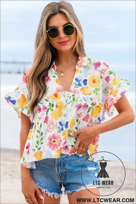 Yellow Floral Boxy Fit Ruffled Short Sleeve V Neck Blouse