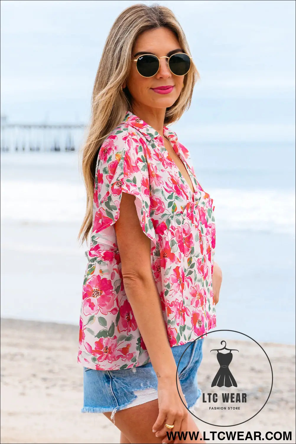 Yellow Floral Boxy Fit Ruffled Short Sleeve V Neck Blouse - L.T.C Wear Online Fashion Store