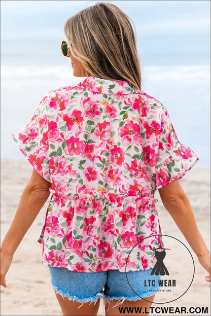 Yellow Floral Boxy Fit Ruffled Short Sleeve V Neck Blouse - L.T.C Wear Online Fashion Store