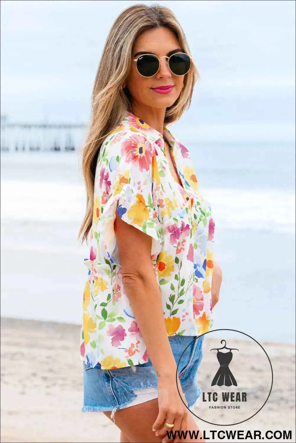 Yellow Floral Boxy Fit Ruffled Short Sleeve V Neck Blouse