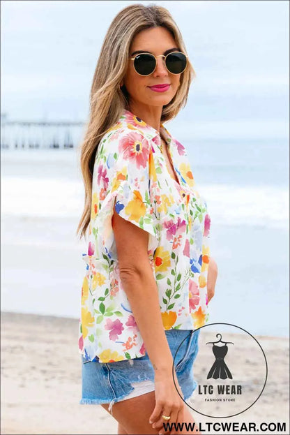 Yellow Floral Boxy Fit Ruffled Short Sleeve V Neck Blouse