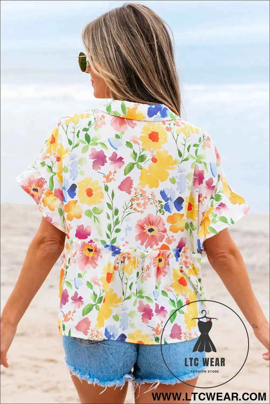 Yellow Floral Boxy Fit Ruffled Short Sleeve V Neck Blouse
