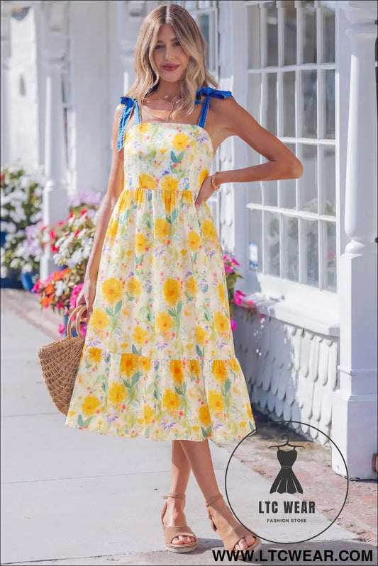 Yellow Floral Print Contrast Stitched Knot Denim Straps High Waist Dress