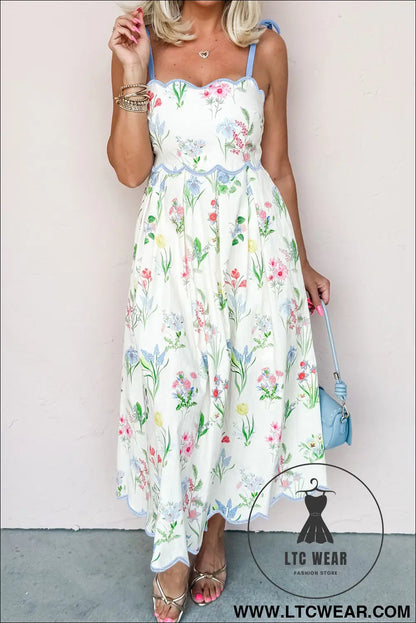 Yellow Floral Print Contrast Trim Self-tie Straps High Waist Midi Dress - L.T.C Wear Online Fashion Store