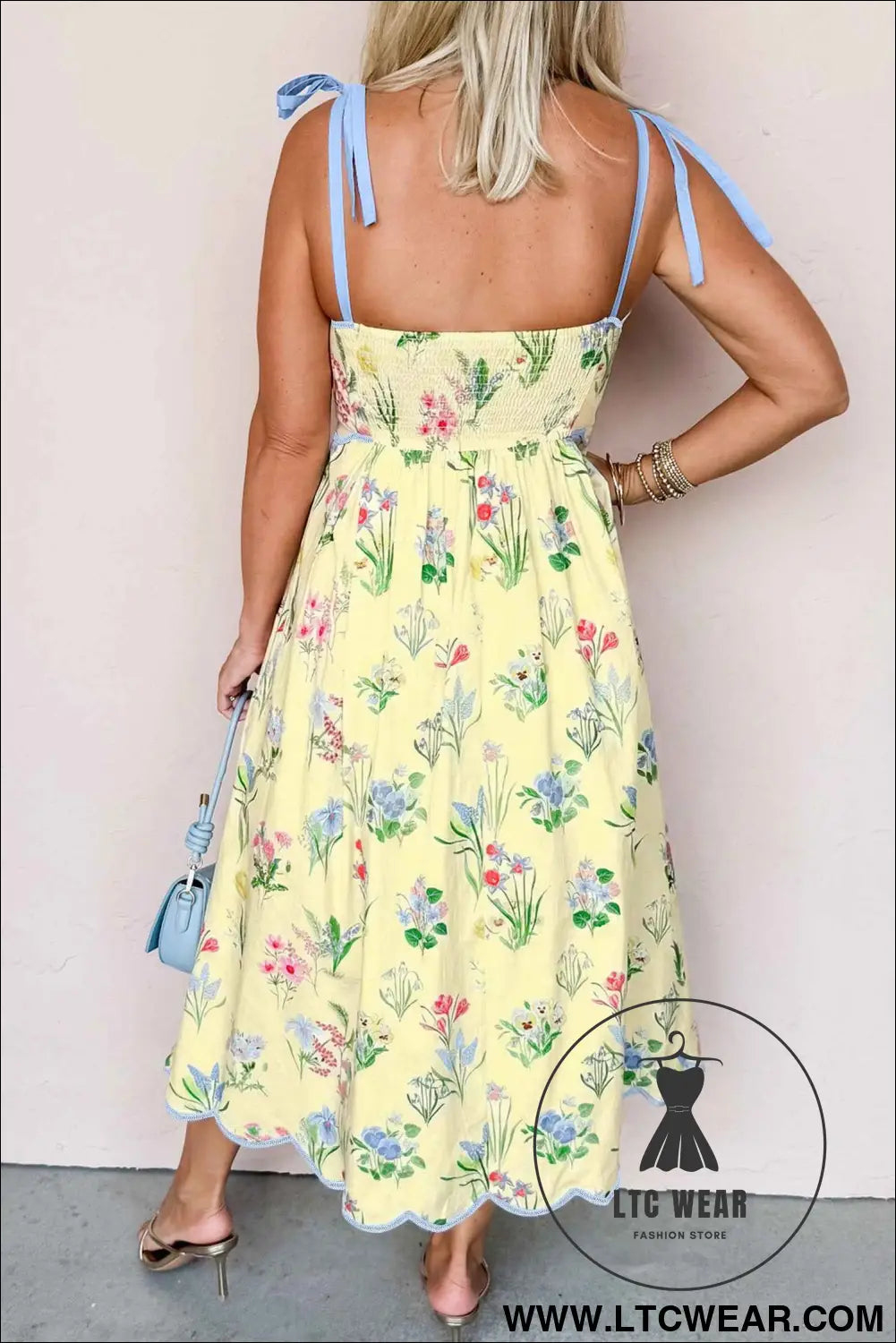 Yellow Floral Print Contrast Trim Self-tie Straps High Waist Midi Dress