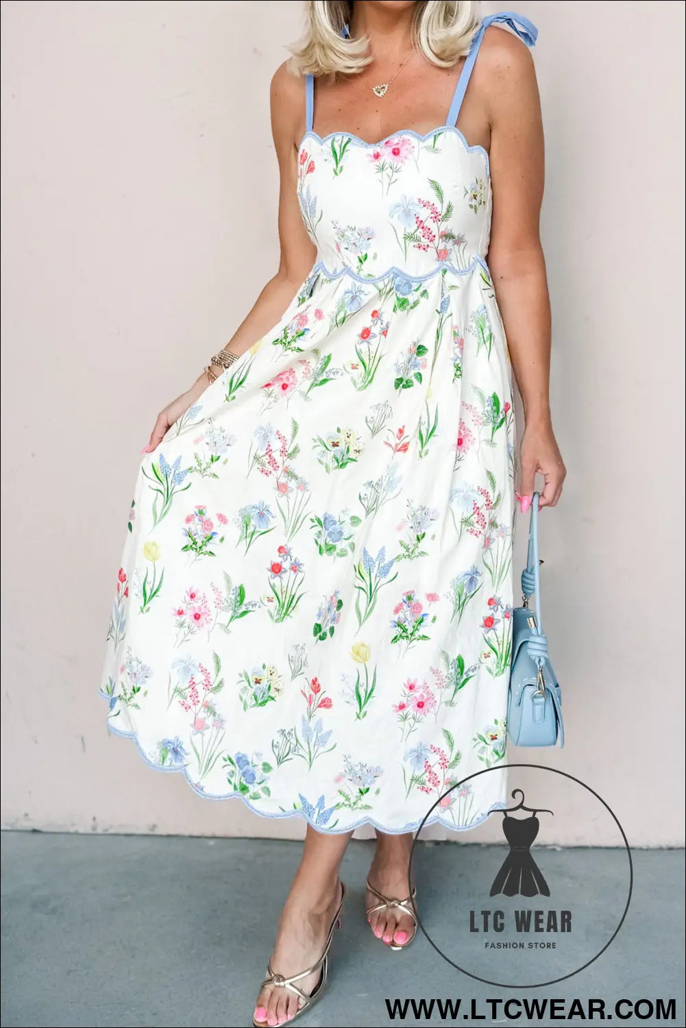 Yellow Floral Print Contrast Trim Self-tie Straps High Waist Midi Dress - L.T.C Wear Online Fashion Store