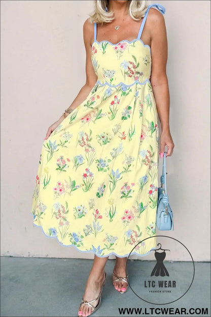 Yellow Floral Print Contrast Trim Self-tie Straps High Waist Midi Dress