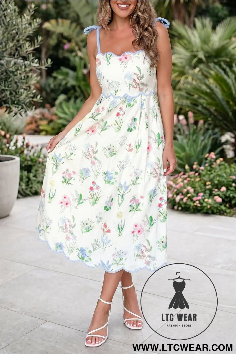 Yellow Floral Print Contrast Trim Self-tie Straps High Waist Midi Dress - L.T.C Wear Online Fashion Store