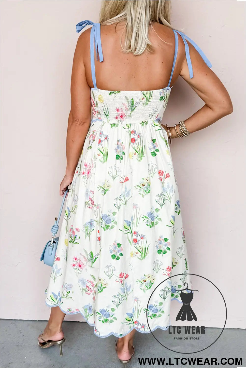 Yellow Floral Print Contrast Trim Self-tie Straps High Waist Midi Dress - L.T.C Wear Online Fashion Store