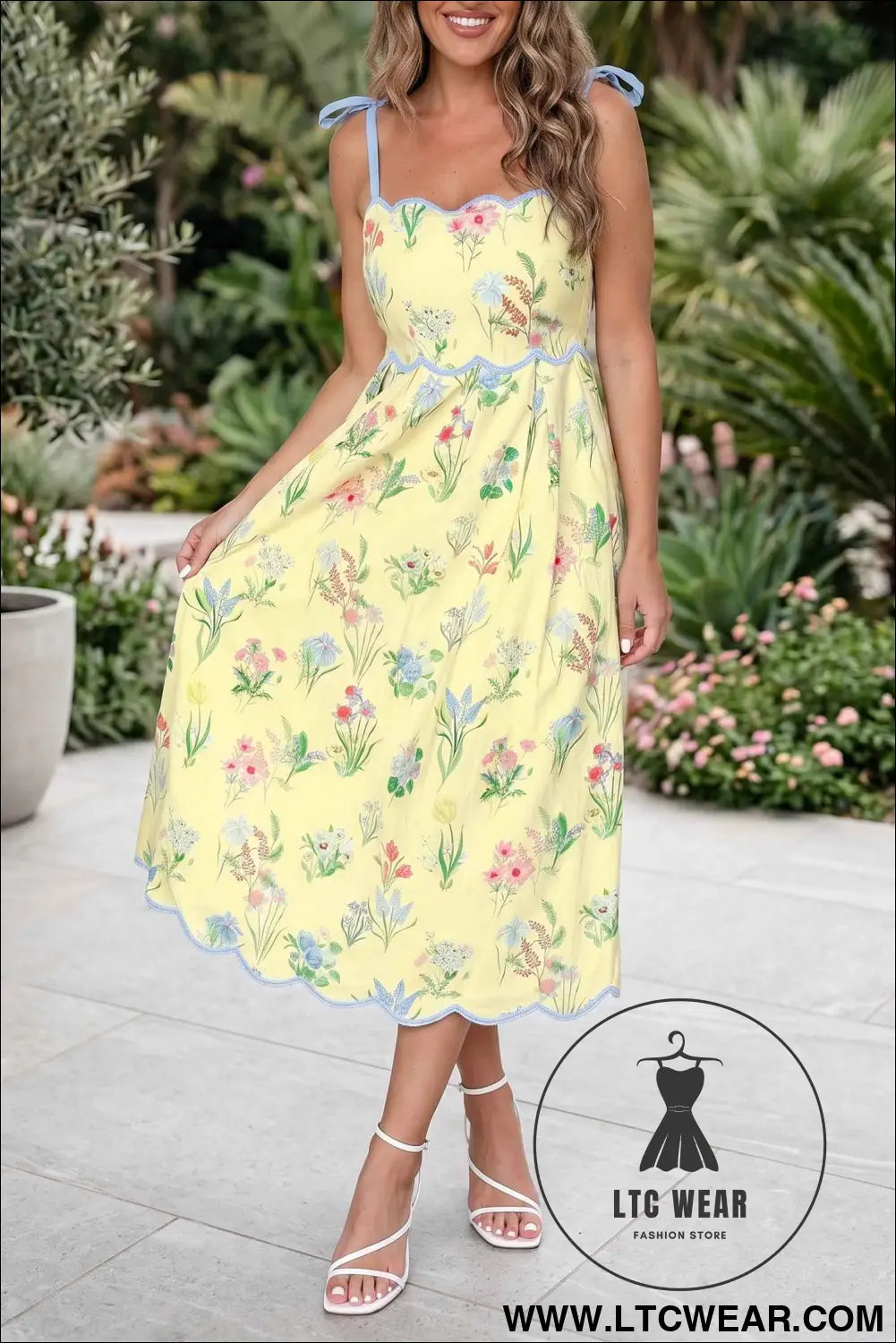 Yellow Floral Print Contrast Trim Self-tie Straps High Waist Midi Dress