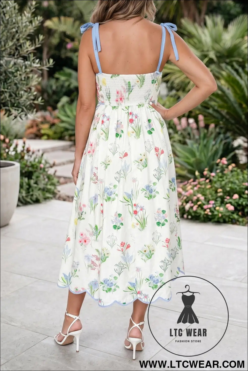 Yellow Floral Print Contrast Trim Self-tie Straps High Waist Midi Dress - L.T.C Wear Online Fashion Store