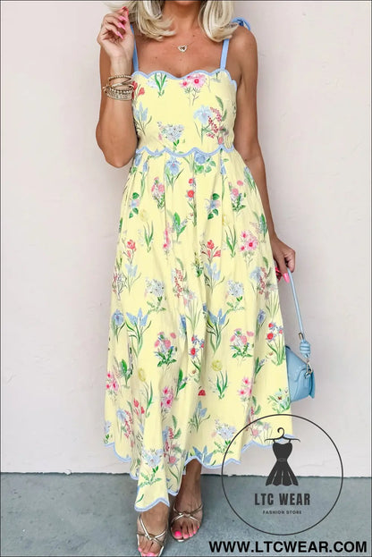 Yellow Floral Print Contrast Trim Self-tie Straps High Waist Midi Dress - L.T.C Wear Online Fashion Store