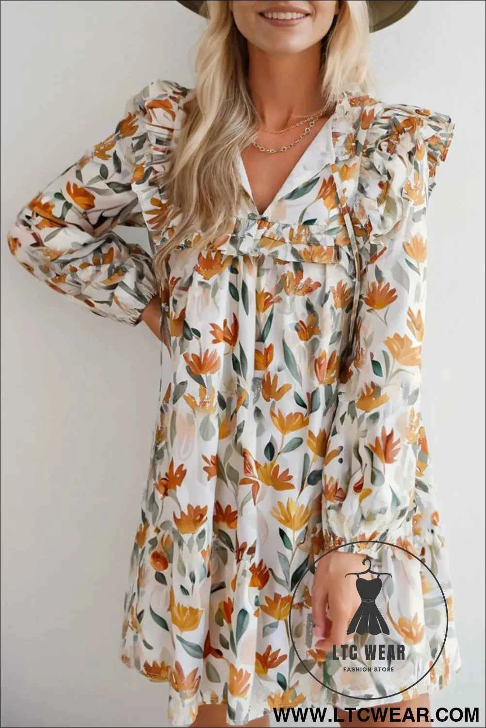 Yellow Floral Print Tie Neck Frilled Detail Long Sleeve Mini Dress