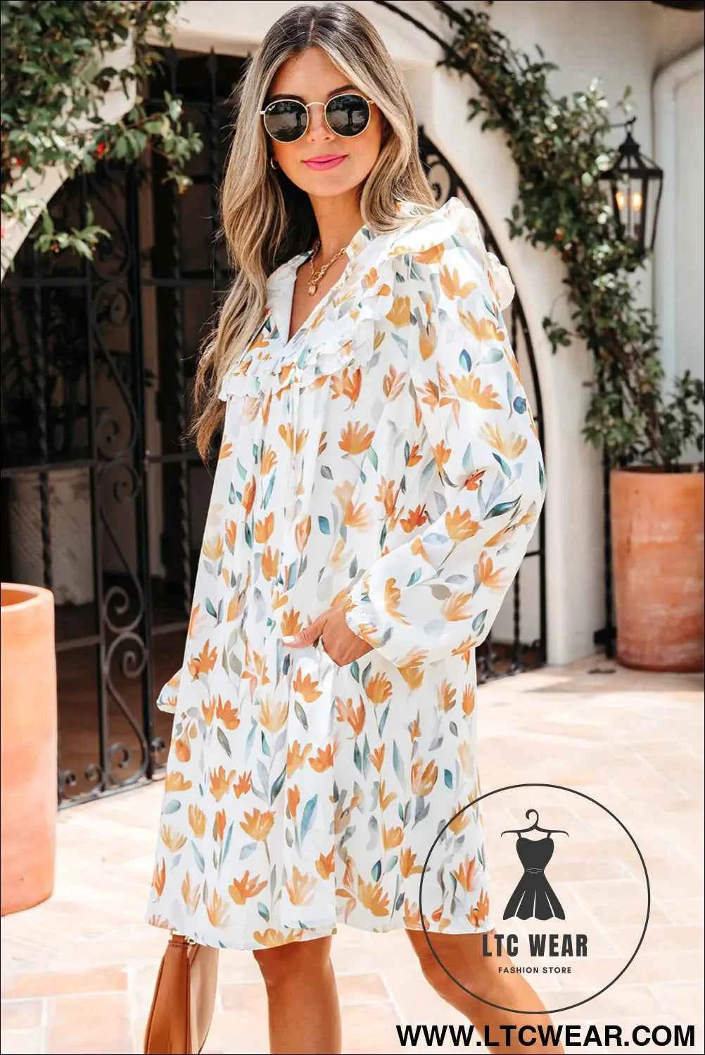 Yellow Floral Print Tie Neck Frilled Detail Long Sleeve Mini Dress