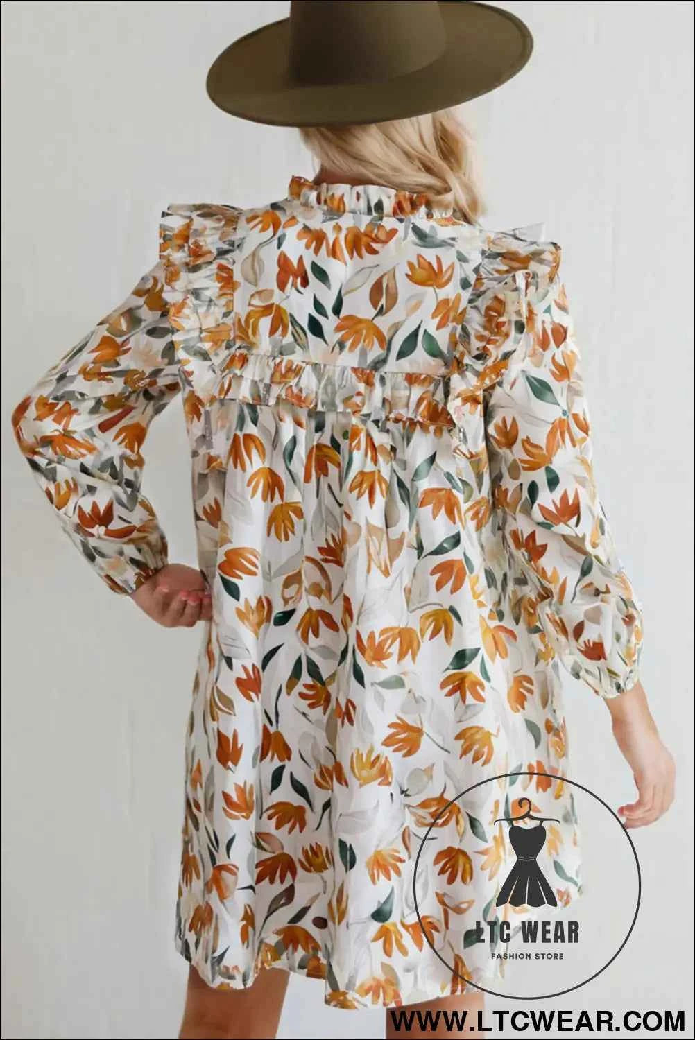 Yellow Floral Print Tie Neck Frilled Detail Long Sleeve Mini Dress