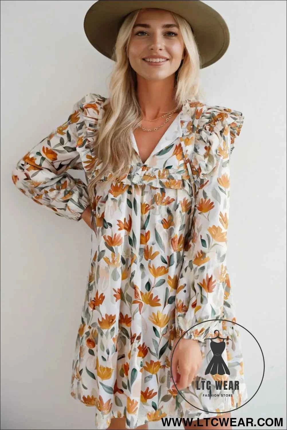 Yellow Floral Print Tie Neck Frilled Detail Long Sleeve Mini Dress