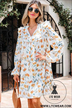 Yellow Floral Print Tie Neck Frilled Detail Long Sleeve Mini Dress