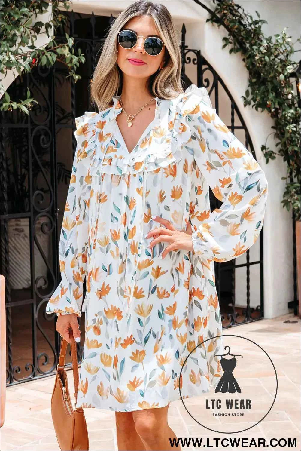 Yellow Floral Print Tie Neck Frilled Detail Long Sleeve Mini Dress