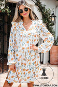 Yellow Floral Print Tie Neck Frilled Detail Long Sleeve Mini Dress