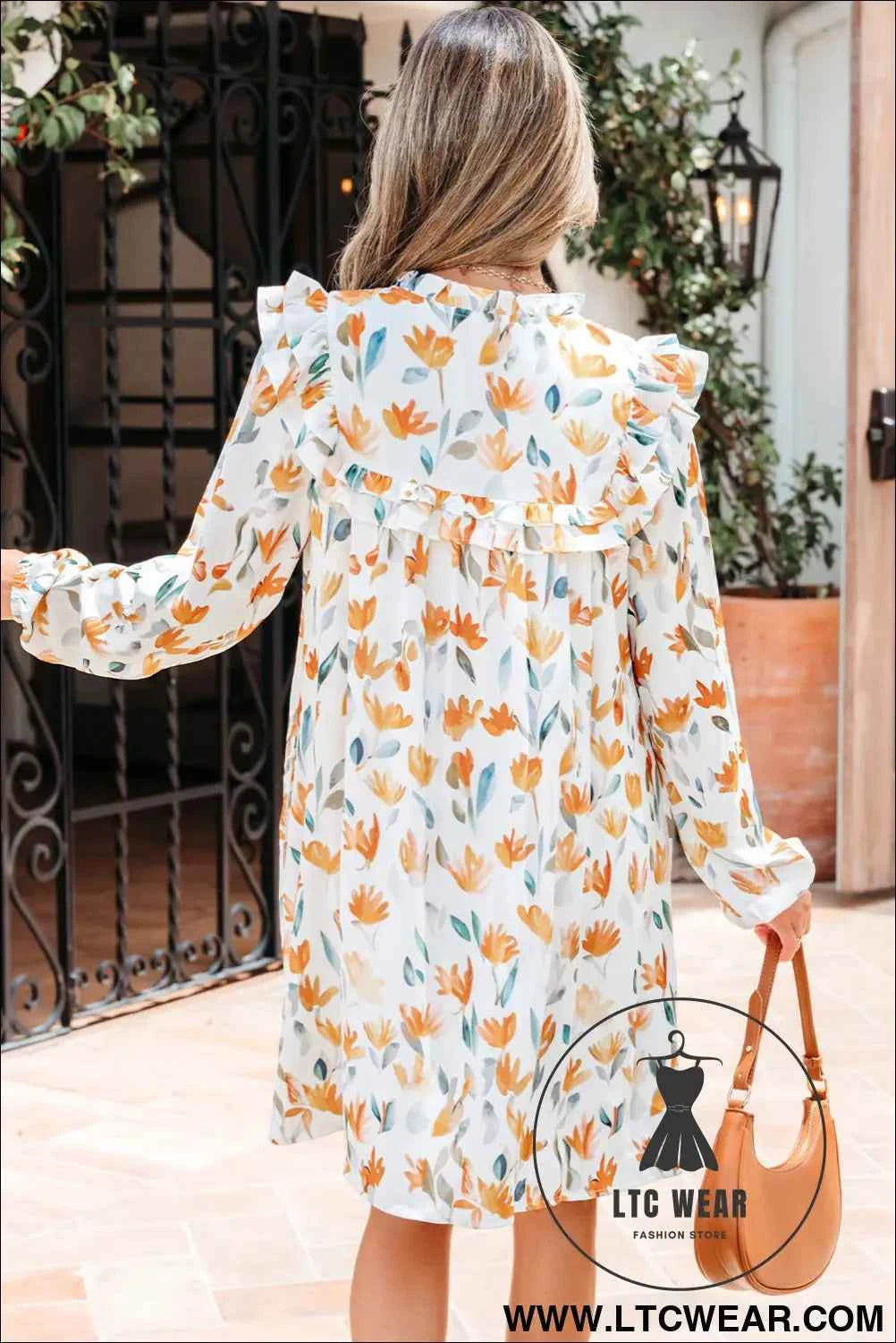 Yellow Floral Print Tie Neck Frilled Detail Long Sleeve Mini Dress