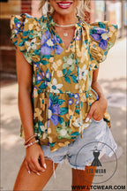 Yellow floral print tie v neck ruffle top - yellow / l / 100% cotton - tank tops