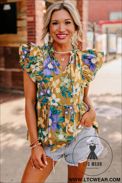 Yellow floral print tie v neck ruffle top - tank tops