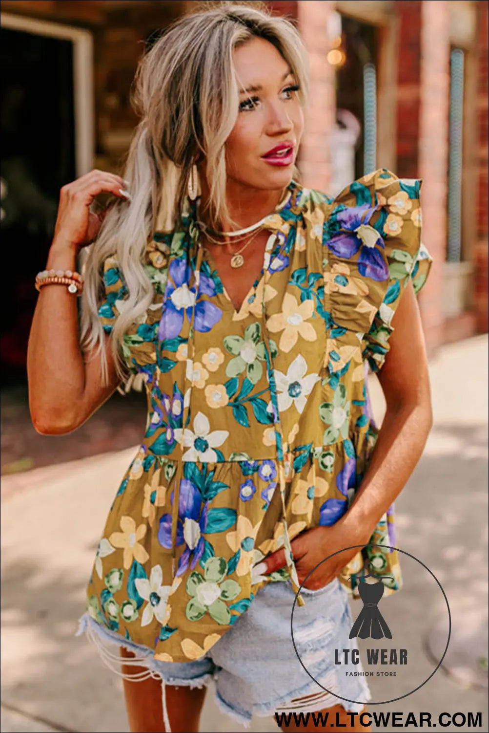 Yellow floral print tie v neck ruffle top - tank tops