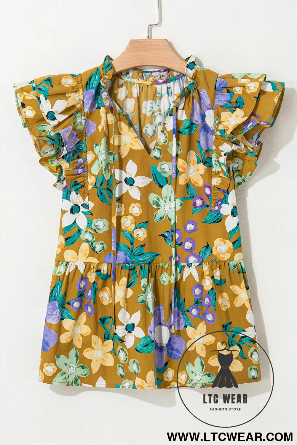 Yellow floral print tie v neck ruffle top - tank tops