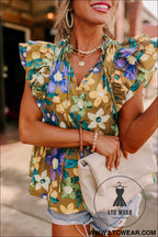 Yellow floral print tie v neck ruffle top - tank tops