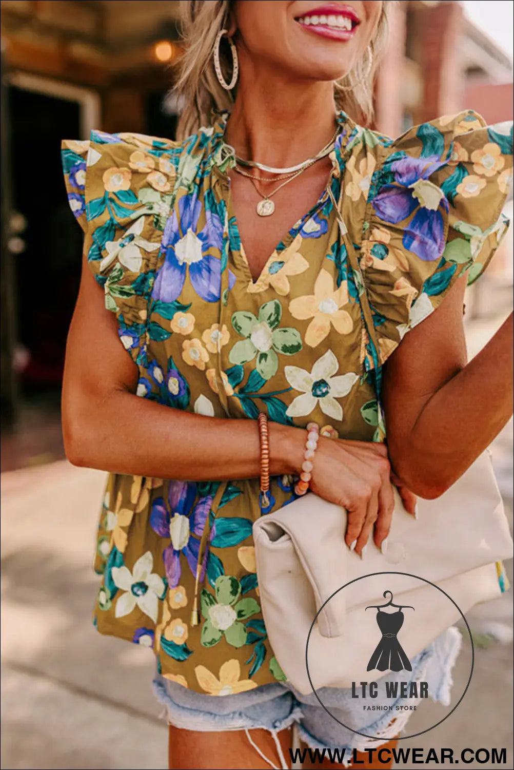 Yellow floral print tie v neck ruffle top - tank tops