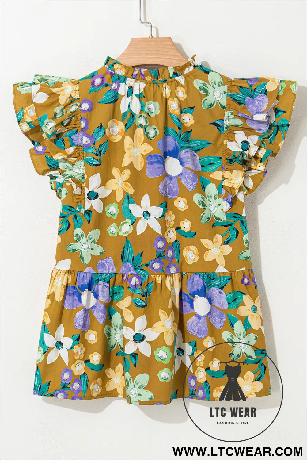 Yellow floral print tie v neck ruffle top - tank tops