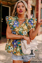 Yellow floral print tie v neck ruffle top - tank tops