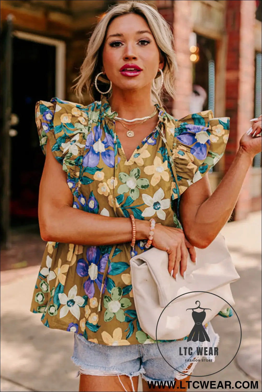 Yellow floral print tie v neck ruffle top - tank tops