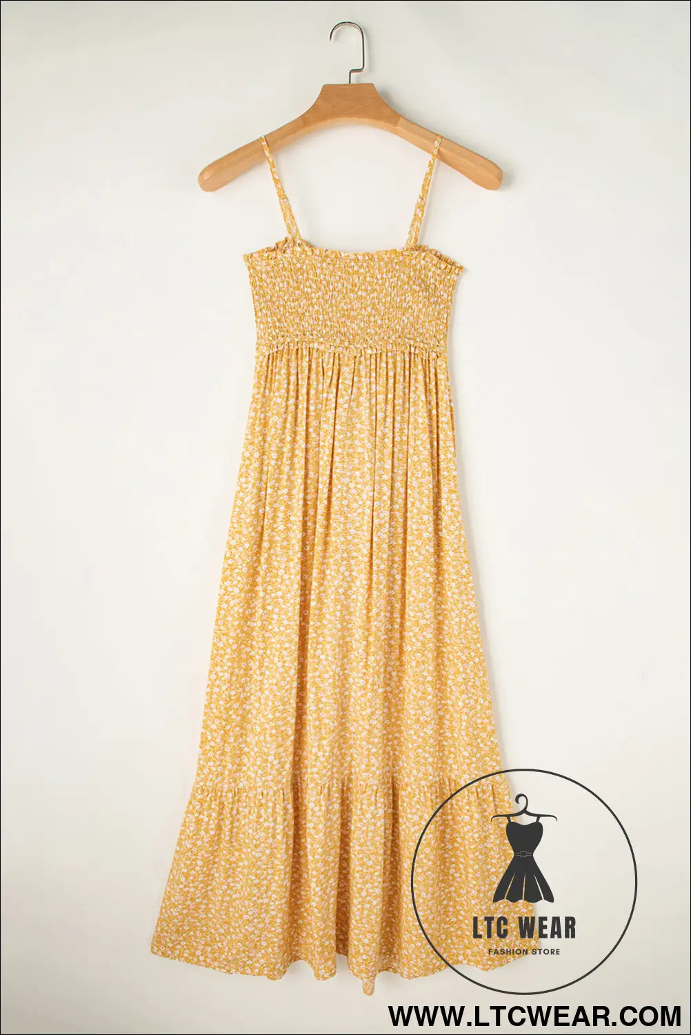 Yellow frilly smocked high waist floral maxi dress - 20%