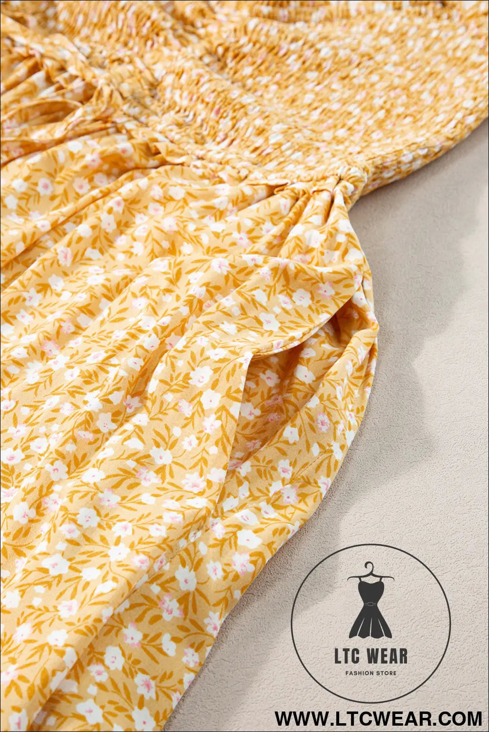 Yellow frilly smocked high waist floral maxi dress - 20%
