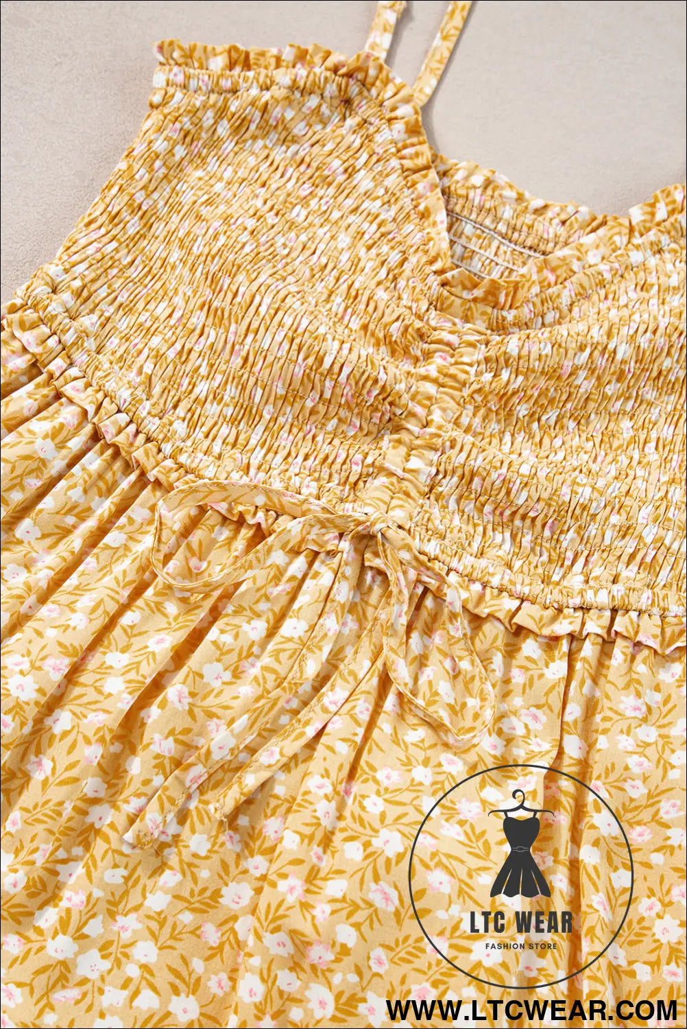 Yellow frilly smocked high waist floral maxi dress - 20%