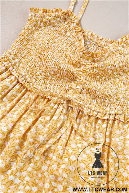 Yellow frilly smocked high waist floral maxi dress - 20%