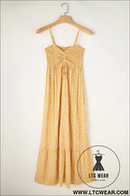 Yellow frilly smocked high waist floral maxi dress - 20%