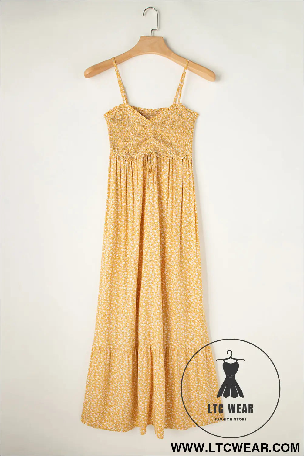 Yellow frilly smocked high waist floral maxi dress - 20%