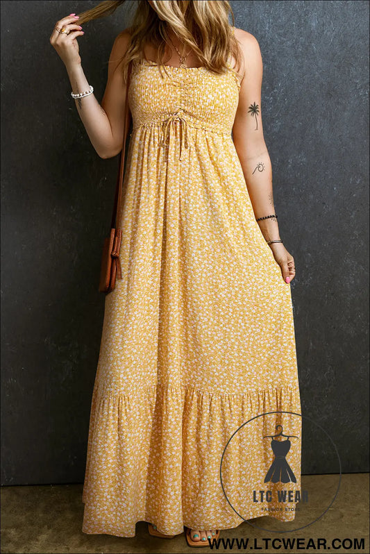 Yellow frilly smocked high waist floral maxi dress - yellow / l / 100% viscose - 20%