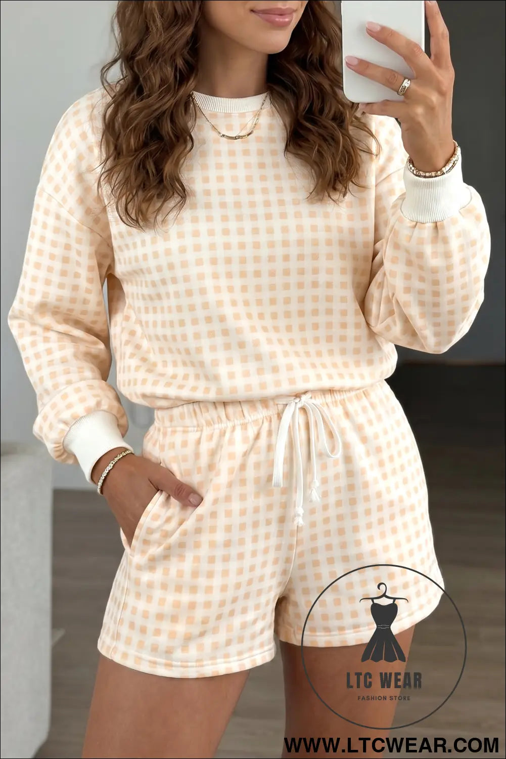 Yellow plaid baggy pullover drawstring casual shorts 2pcs outfit - short sets