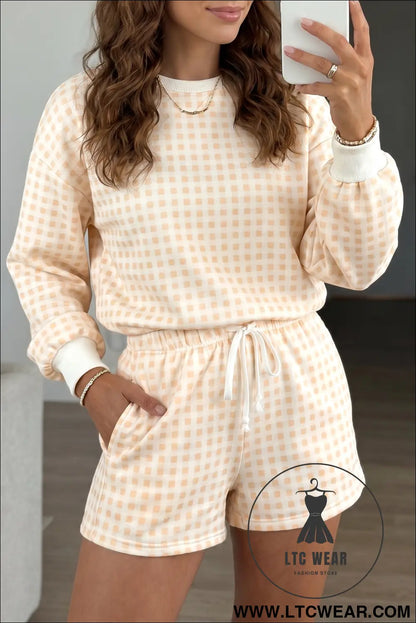 Yellow plaid baggy pullover drawstring casual shorts 2pcs outfit - short sets