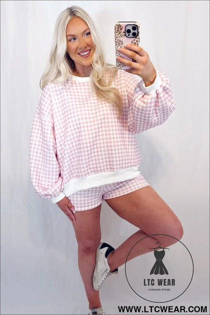 Yellow plaid baggy pullover drawstring casual shorts 2pcs outfit - short sets