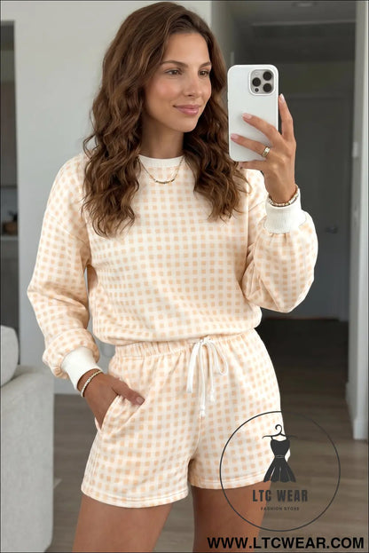 Yellow plaid baggy pullover drawstring casual shorts 2pcs outfit - yellow / l / 100% polyester - short sets