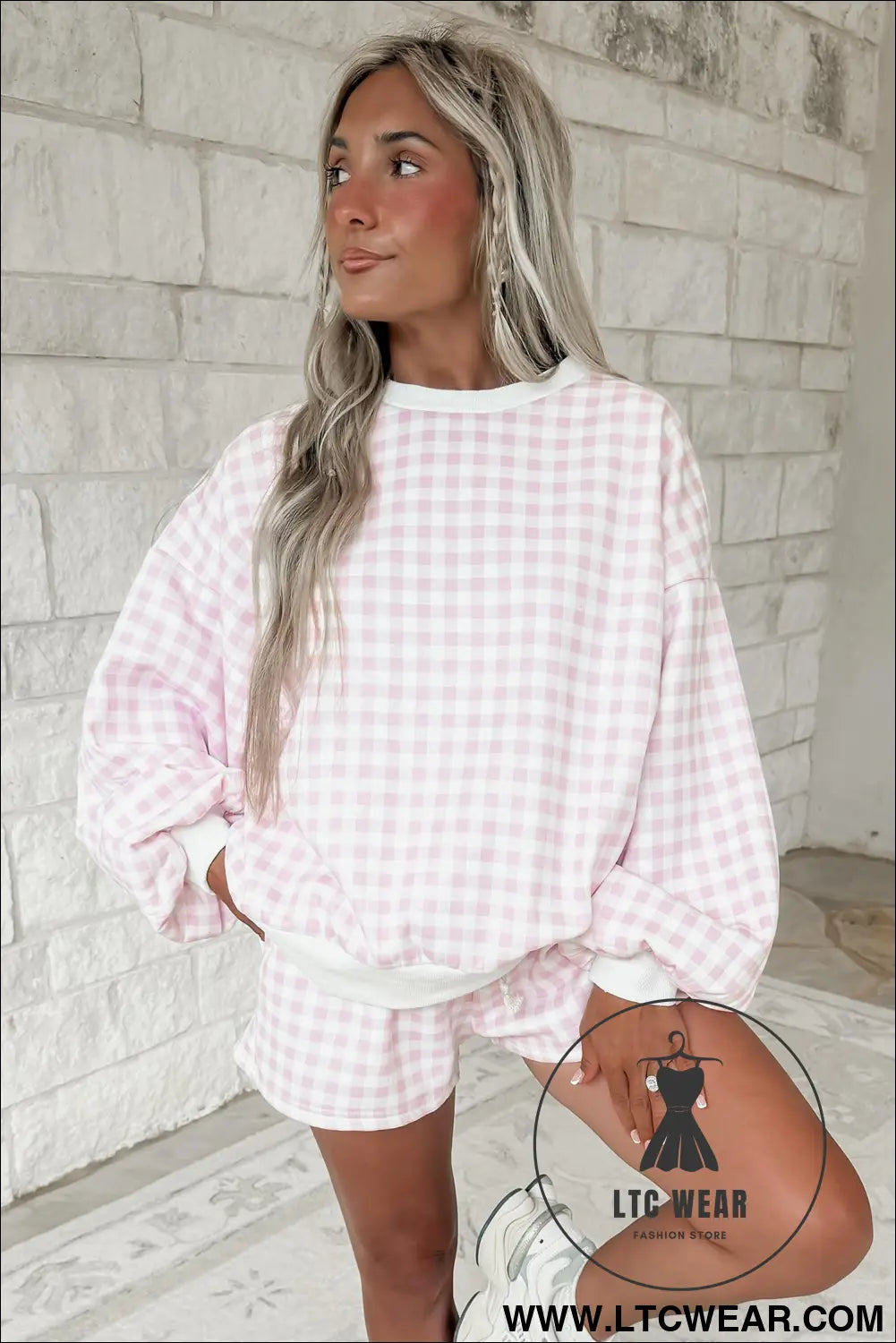 Yellow plaid baggy pullover drawstring casual shorts 2pcs outfit - pink / l / 100% polyester - short sets