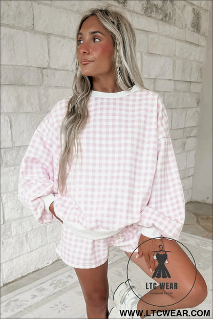 Yellow plaid baggy pullover drawstring casual shorts 2pcs outfit - pink / l / 100% polyester - short sets