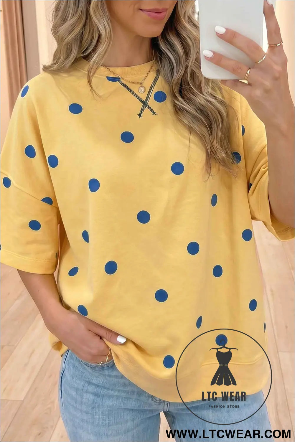 Yellow Polka Dot Print Crossed Seam Detail Oversize Tee